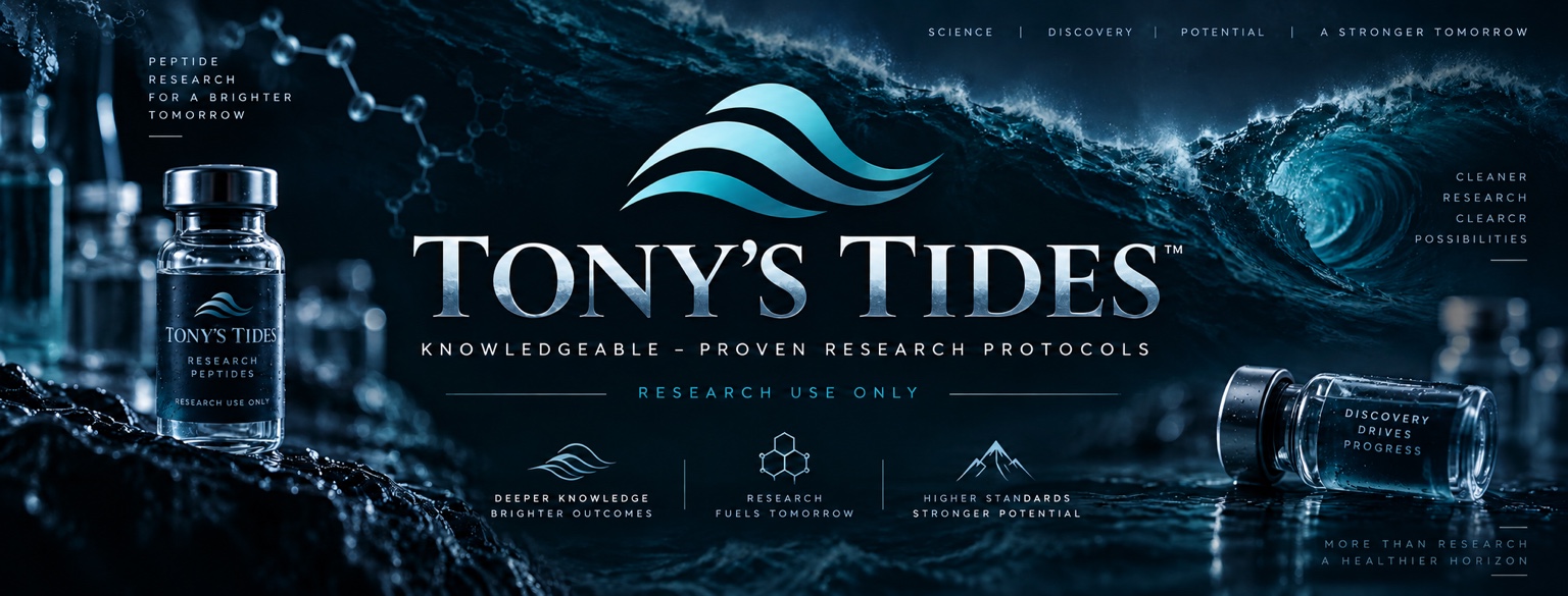Tony's Tides research brand artwork with ocean wave and laboratory vials